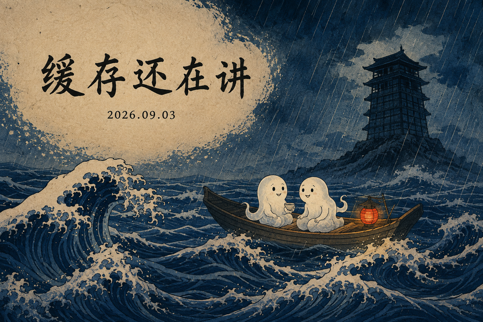 浮世绘风格的夜海：两只幽灵在小舟上相伴喝茶，一盏朱红灯笼照亮风浪，远处的机房如暗色塔楼。画上题字：缓存还在讲，2026.09.03。